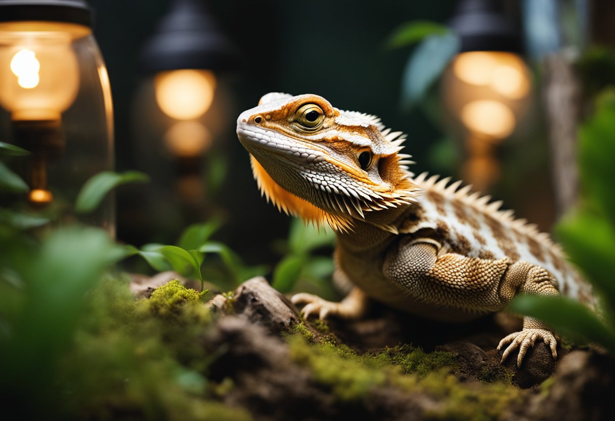 A bearded dragon basking under a heat lamp in a spacious, naturalistic terrarium with plenty of hiding spots and climbing branches