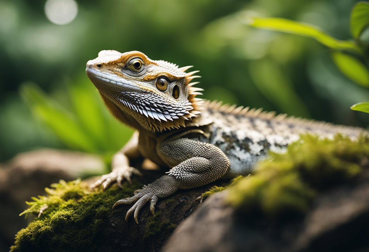 A bearded dragon lying on a warm rock, surrounded by calming greenery, with a gentle stream flowing nearby