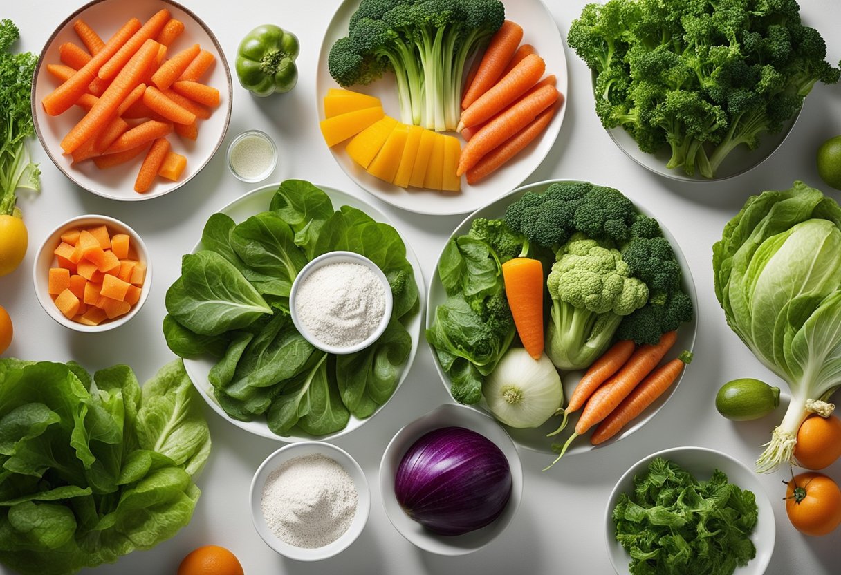 A variety of fresh vegetables arranged in a shallow dish, including leafy greens, carrots, and squash, with a small dish of calcium powder nearby
