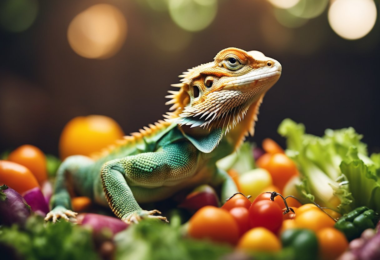 Bearded dragons eating insects on a bed of colorful vegetables