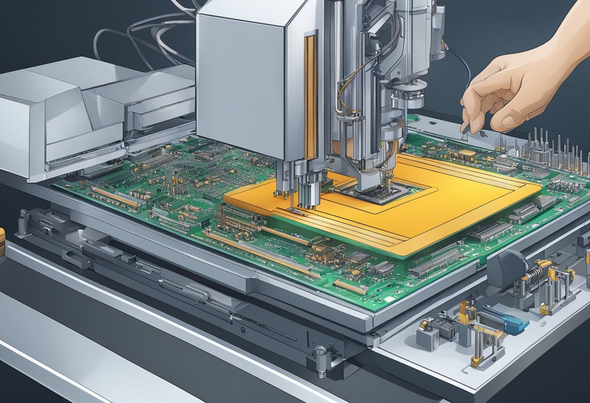 An automated PCB assembly machine places components onto circuit boards with precision and speed