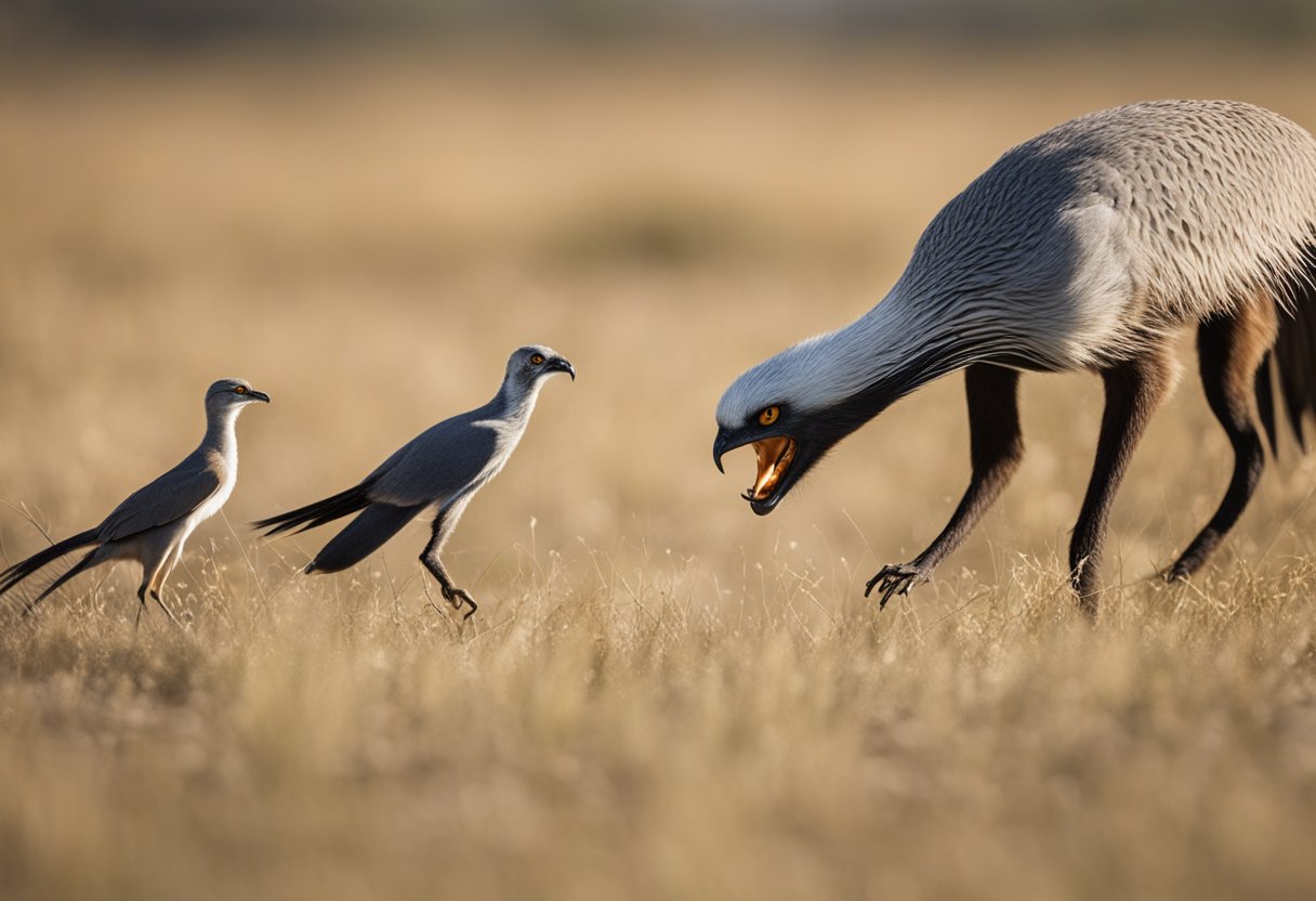 A mongoose, a secretary bird, and a king cobra face off in the dry grasslands. The mongoose pounces, while the bird swoops down to snatch the cobra in its beak