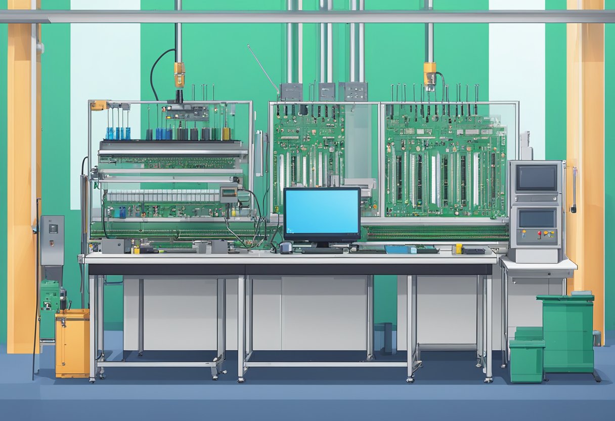 A small volume PCB assembly line with various electronic components and machinery