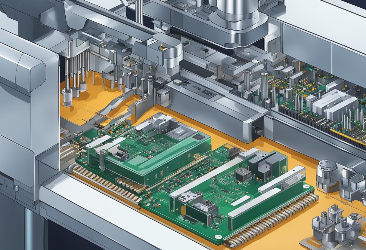 Various electronic components are being placed onto a printed circuit board (PCB) by automated machinery in a small volume assembly line