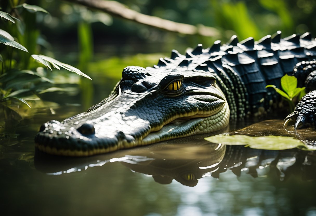 Enormous alligators loom over smaller crocodiles in the swamp