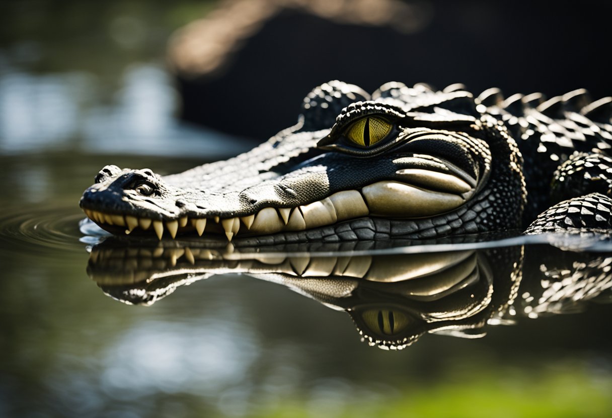 An alligator looms over a smaller crocodile, showcasing their anatomical differences in size