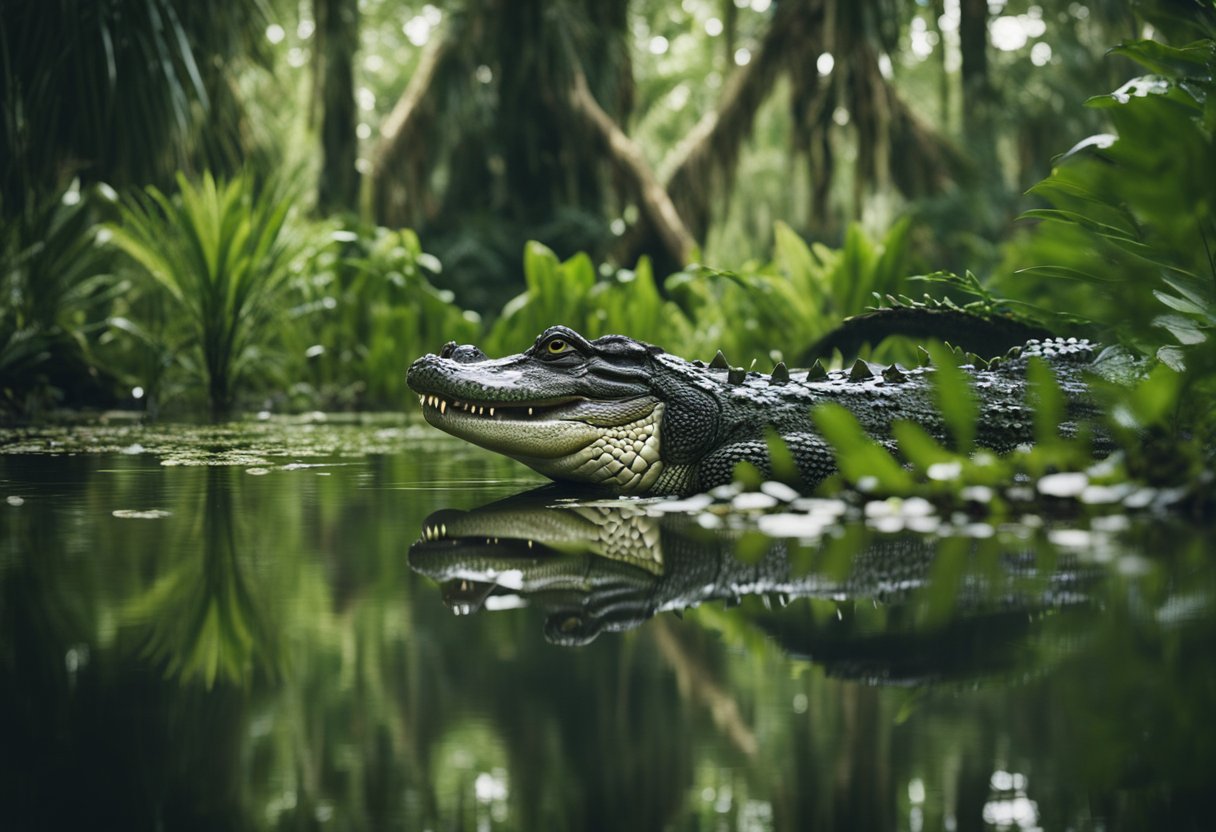 Alligators tower over crocodiles in a lush, swampy habitat. The alligators' imposing size and strength are evident as they dominate the environment