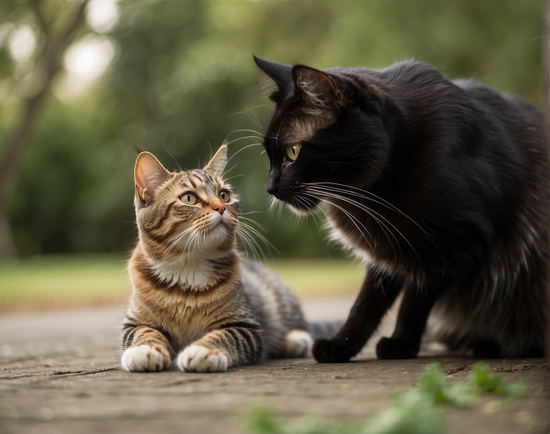 A neutered cat attempting to mate with a female cat, while showing signs of frustration and confusion