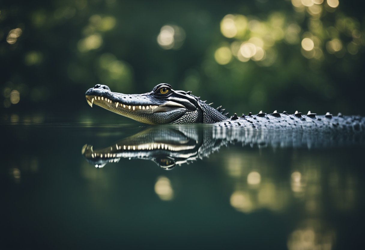 An alligator lurks in murky water, its eyes fixed on potential prey