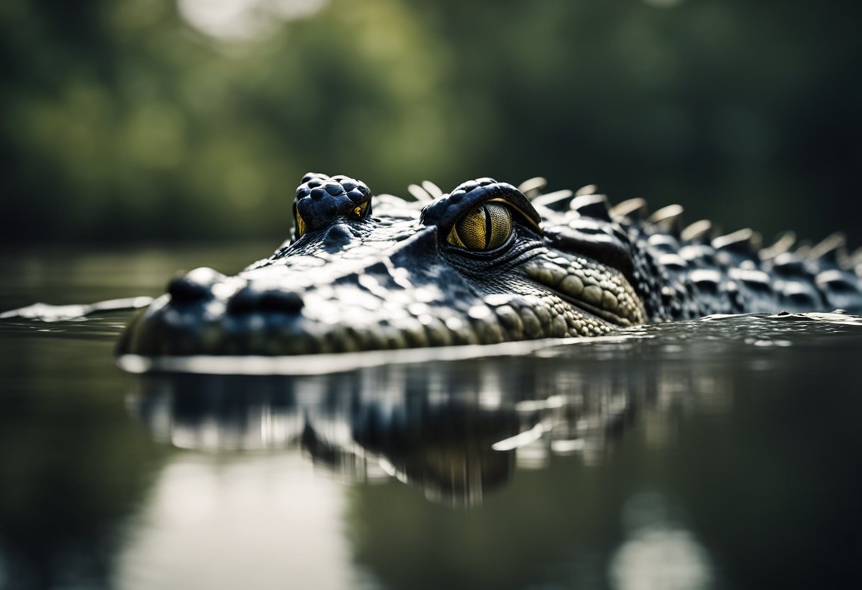 An alligator lurks in murky water, eyes fixed on potential prey
