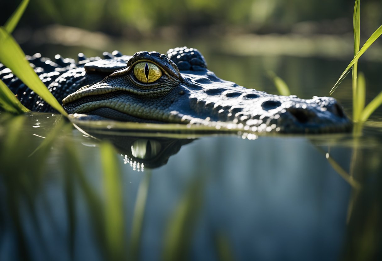 An alligator lurks in its swamp habitat, its eyes peering out from the murky water, ready to strike