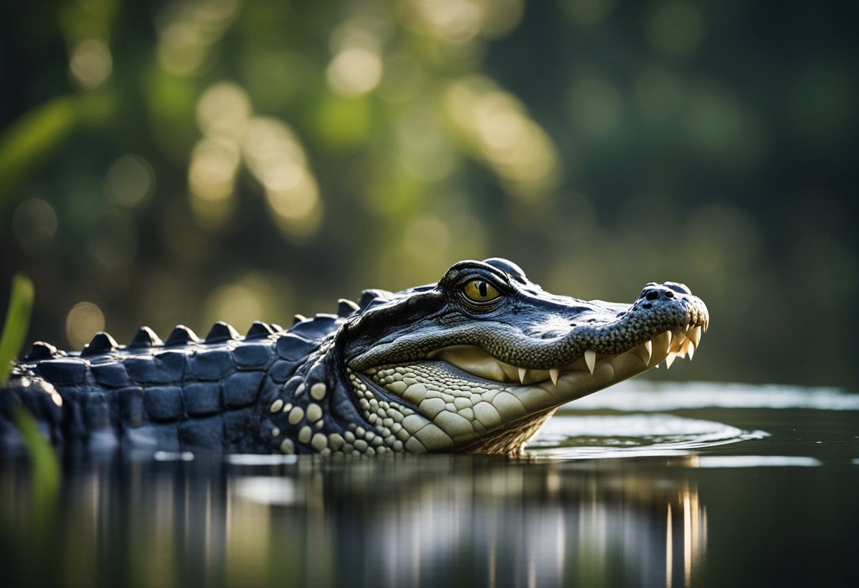 An alligator lurks in the murky waters, its powerful jaws poised to strike. The surrounding environment is teeming with life, reflecting the delicate balance of its conservation status