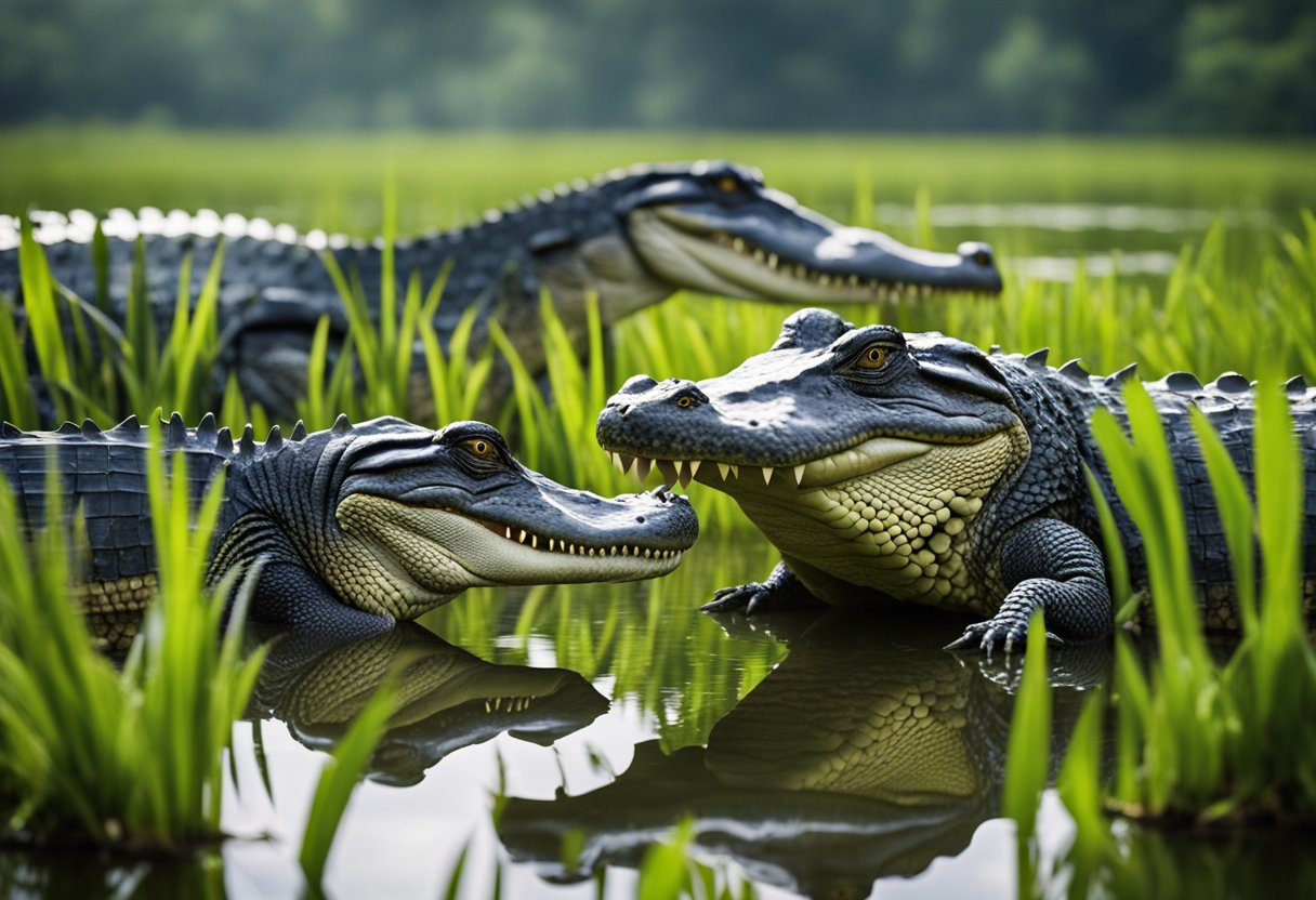 Two large reptiles, one alligator and one crocodile, face off in a swamp, showcasing their size difference