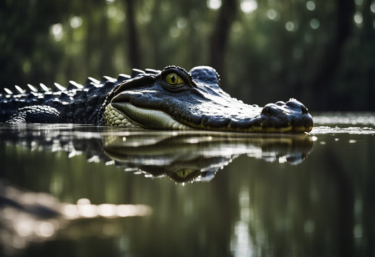 A large alligator or crocodile looms over the swamp, its powerful jaws and scaly skin dominating the scene