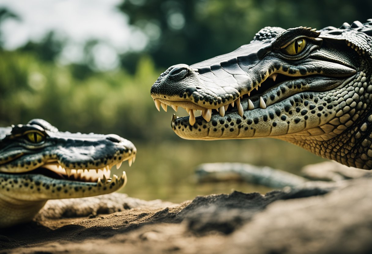 An alligator and a crocodile face off, showcasing their size difference