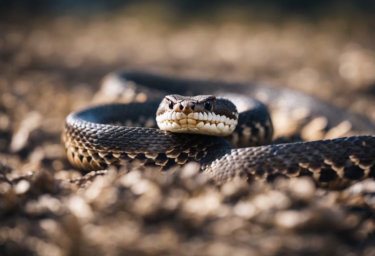 A coiled rattlesnake poised to strike, fangs bared