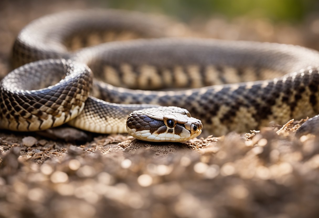 A coiled rattlesnake with distinctive diamond-shaped markings and a rattling tail, poised to strike