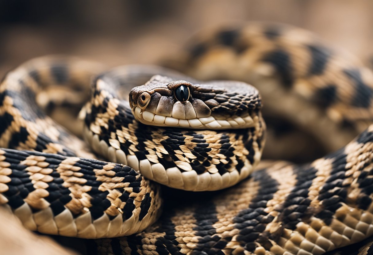 A group of rattlesnakes coil and hiss, their venomous fangs bared