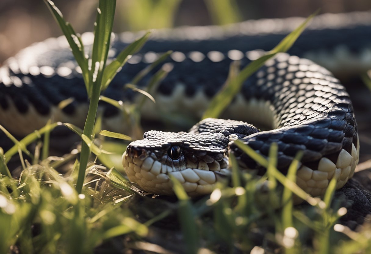 A rattlesnake strikes, venom drips from fangs, victim recoils in pain