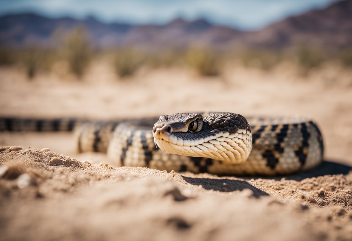 A rattlesnake poised to strike, fangs bared, in a desert setting