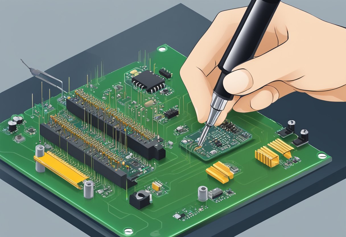 Components being placed onto a printed circuit board by hand. Soldering iron in use. Quality control inspection