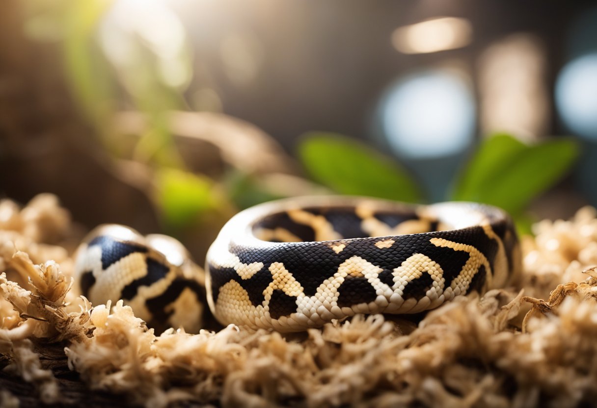 A ball python coils comfortably on a textured, non-abrasive substrate, such as aspen shavings or coconut fiber, in a spacious terrarium with proper heat and humidity levels