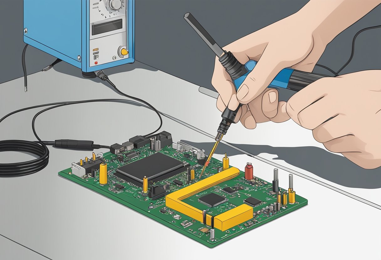 Soldering iron in hand, components placed on PCB, flux applied, and solder joints being formed