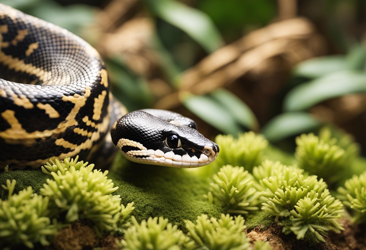 A ball python is shown in a terrarium with a substrate of aspen shavings, providing a comfortable and hygienic environment for the snake