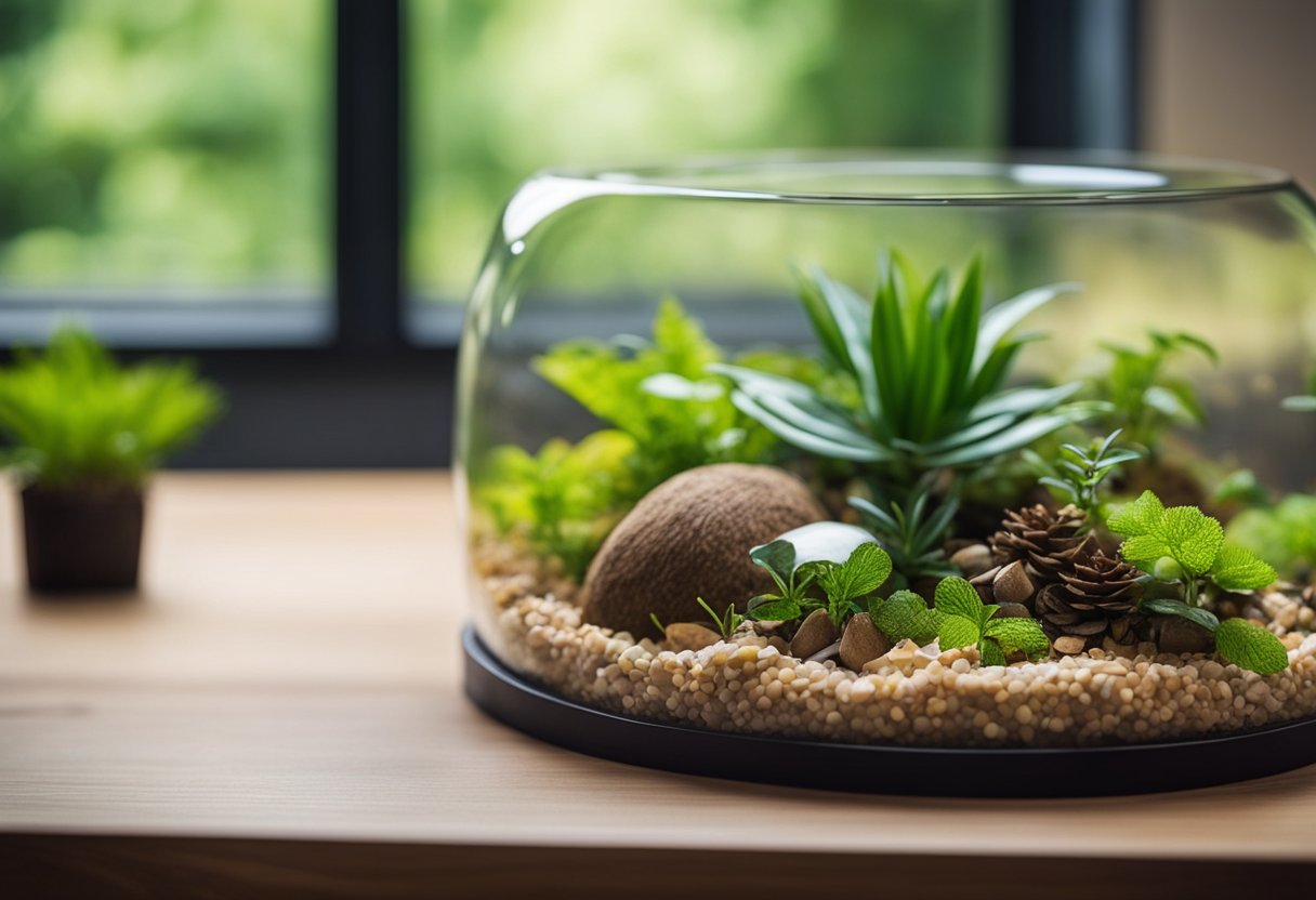 A clear glass terrarium with a thick layer of coconut husk substrate, scattered with artificial plants and a small water dish
