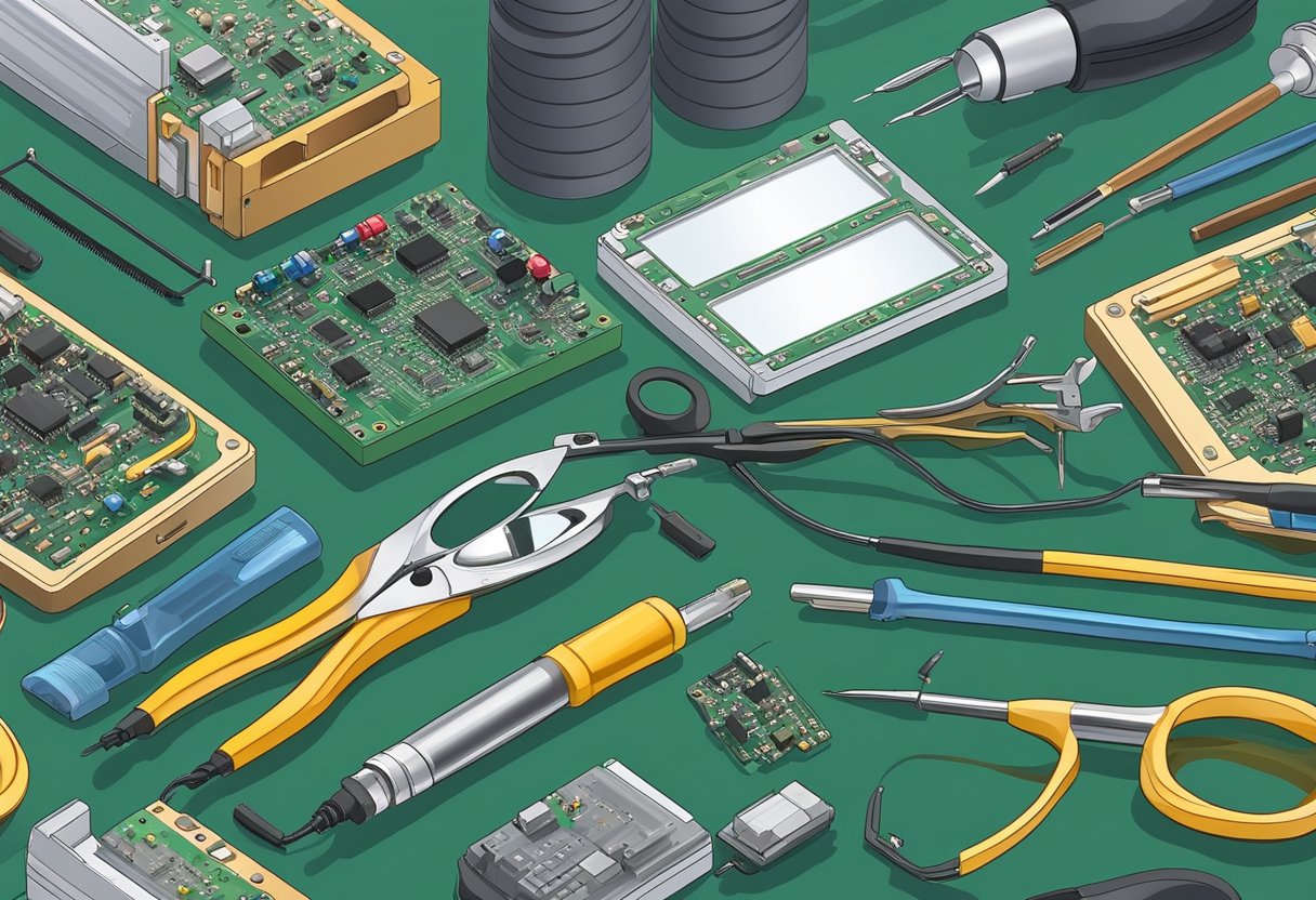 Circuit boards and electronic components arranged on a workbench for assembly. Soldering iron, magnifying glass, and tools nearby