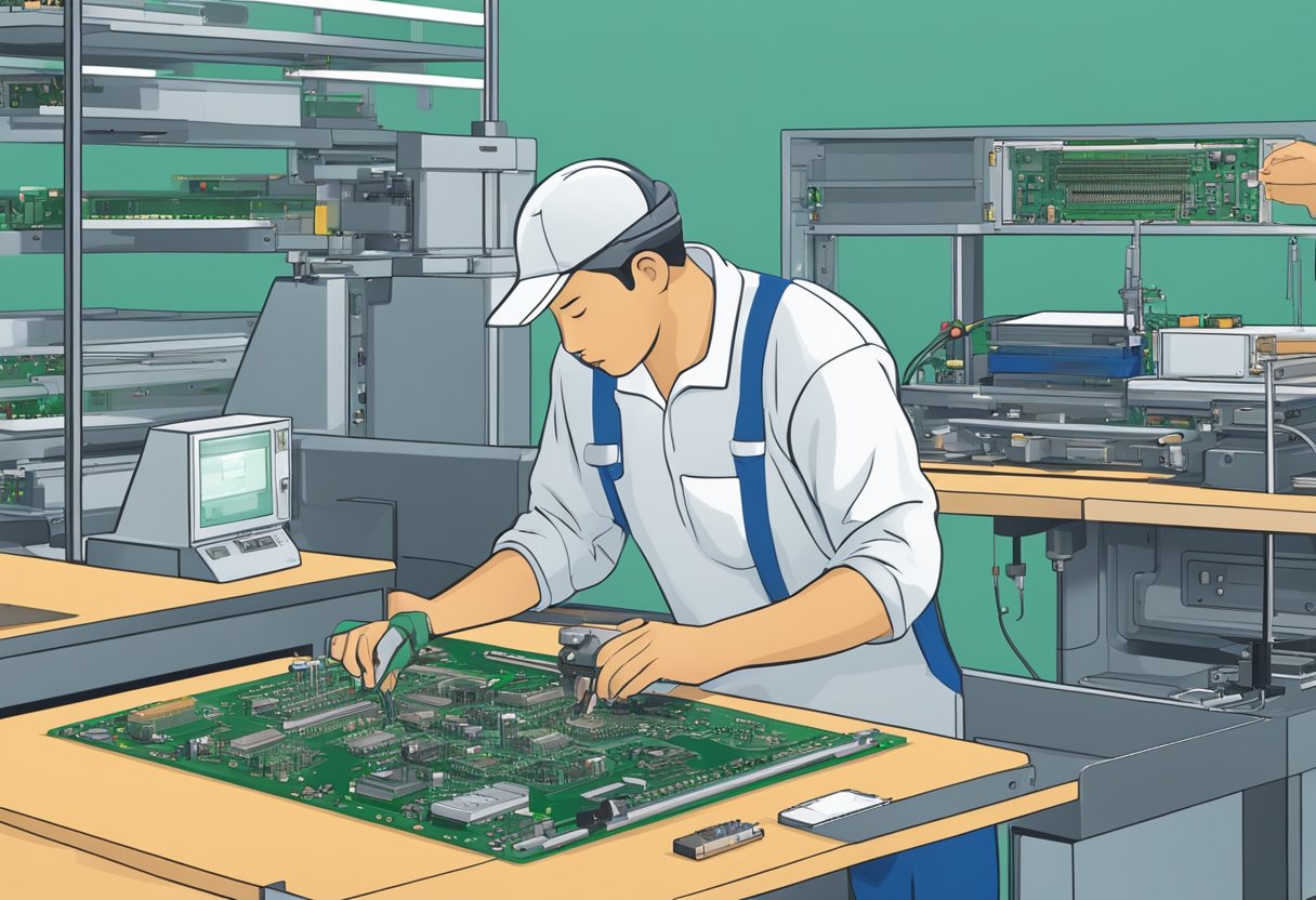 The PCB assembly process shows components being placed onto a printed circuit board, followed by soldering and inspection