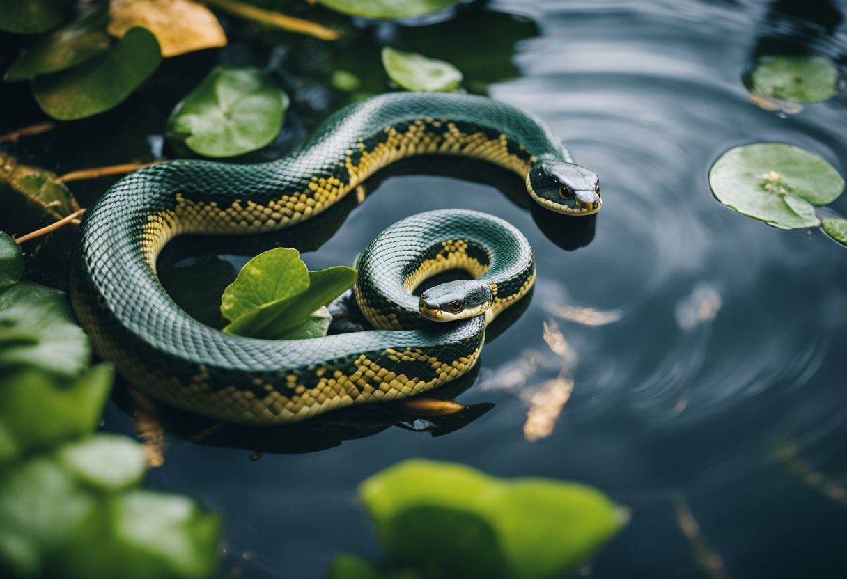 Several snakes slither in the water, their bodies undulating as they effortlessly navigate through the depths