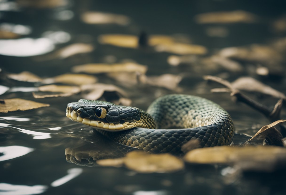 A snake swims through polluted water, struggling to navigate through debris and struggling to find clean water