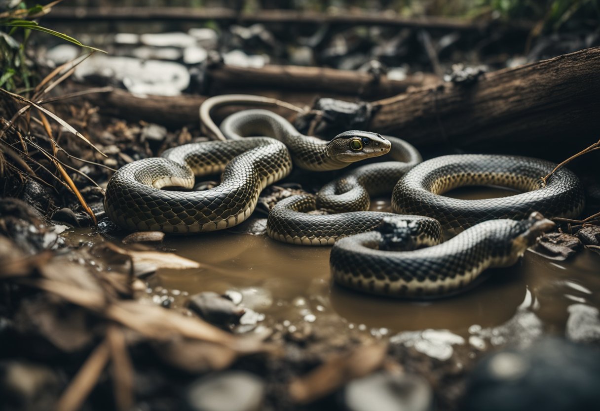 Snakes slither through a polluted river, surrounded by garbage and industrial waste. Wildlife struggles to survive in the human-impacted environment