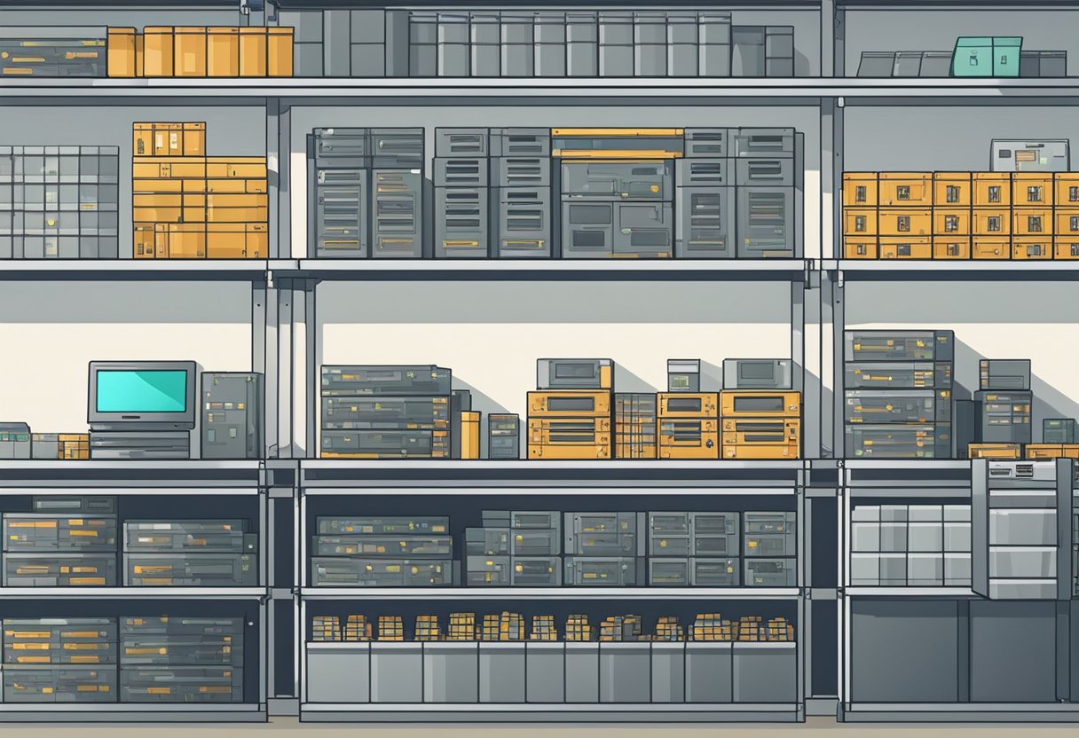 PCB components neatly organized on shelves in a clean, well-lit storage room