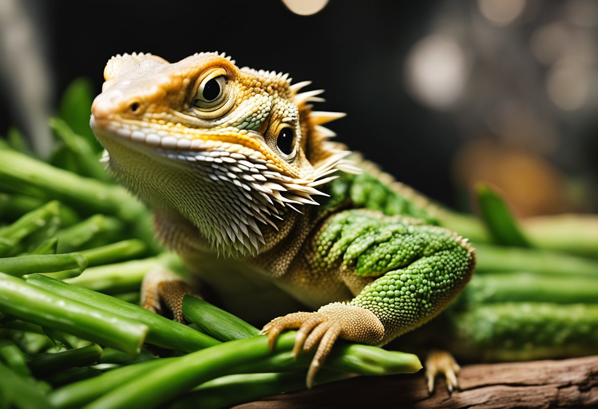 A bearded dragon eagerly munches on a bunch of asparagus, its eyes bright and its tongue flicking out to taste the green vegetable