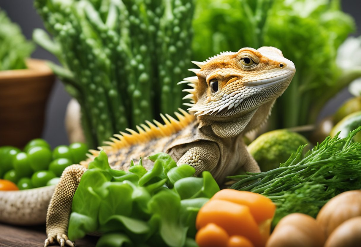 A bearded dragon surrounded by a variety of fresh vegetables, including asparagus, in its feeding area