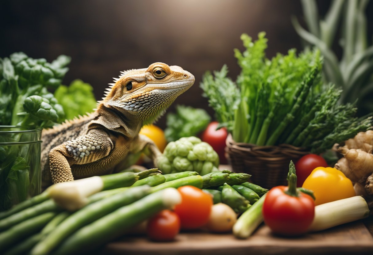 A bearded dragon surrounded by a variety of vegetables, with a focus on asparagus. The dragon is examining the asparagus with curiosity