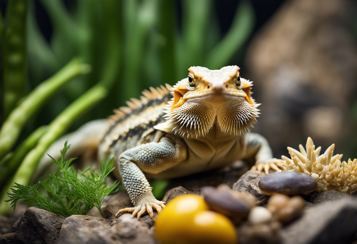 A bearded dragon sits on a rock, surrounded by various types of food, including asparagus. Its eyes are alert, and it looks healthy and active