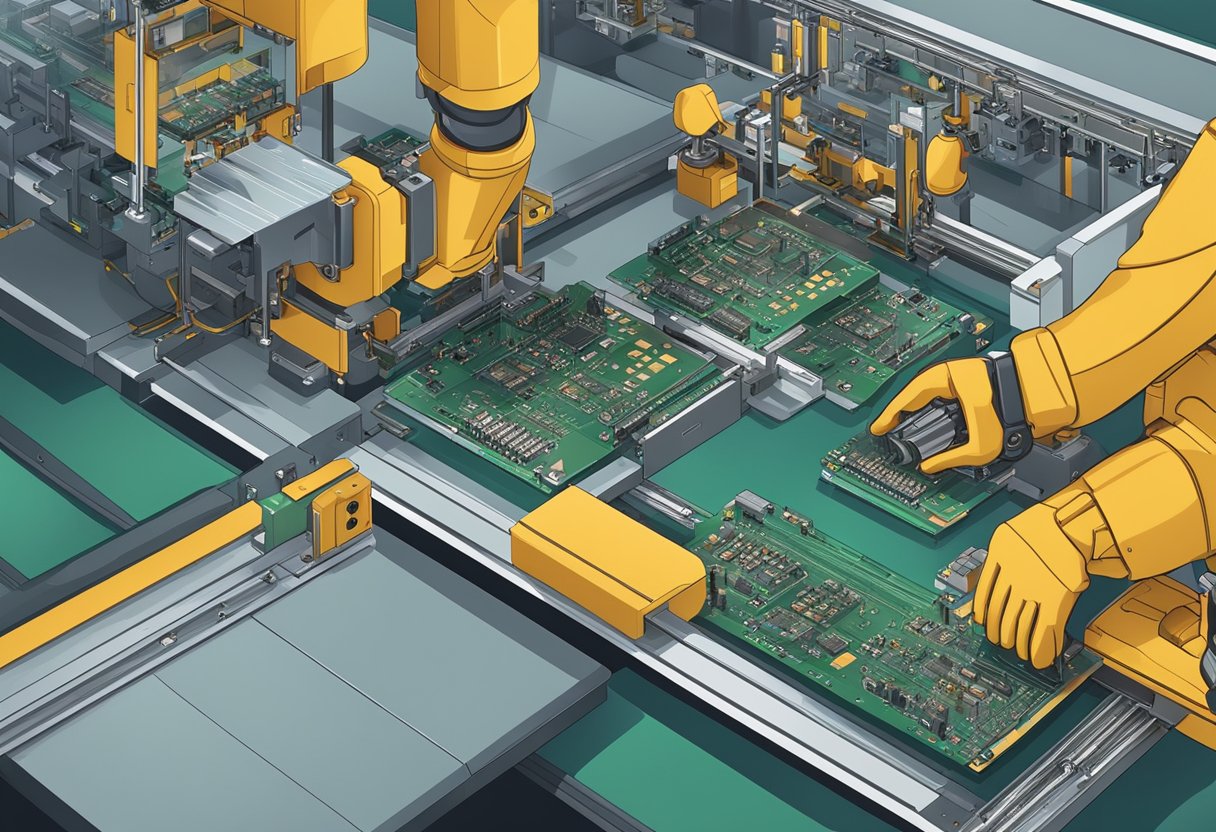 Multiple PCBs being assembled on a production line, with components being carefully placed and soldered onto the boards by automated machinery