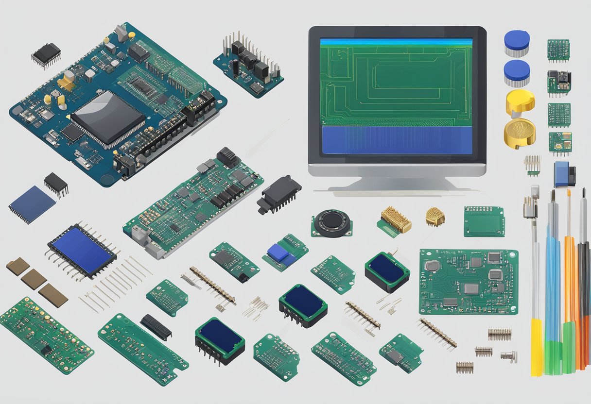 A table with various electronic components arranged for prototype PCB assembly