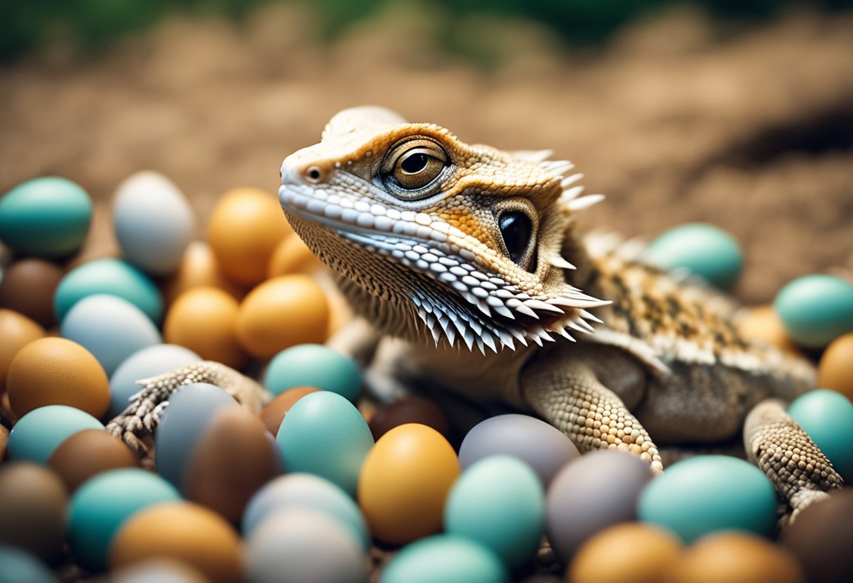 A bearded dragon eagerly consumes a pile of eggs, its tongue flicking out to catch each one