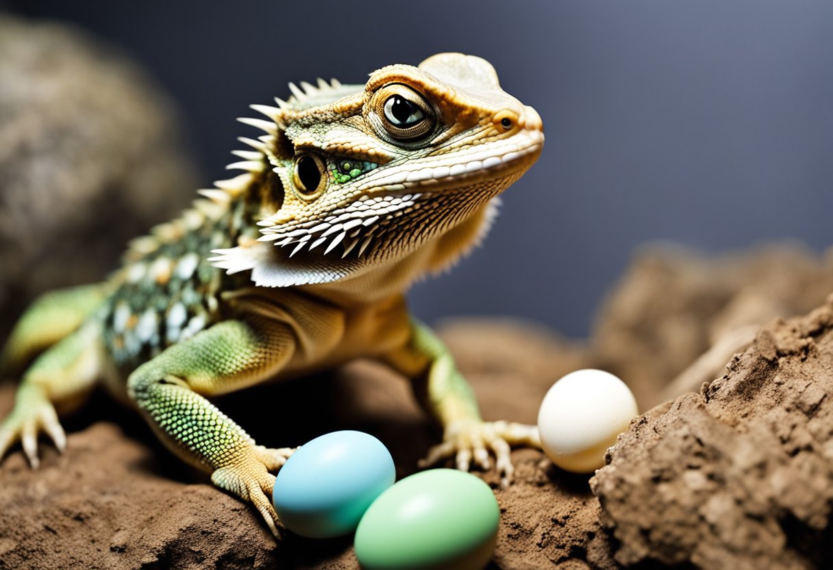 A bearded dragon eagerly consumes a small portion of eggs, indicating their ability to eat eggs and their feeding frequency