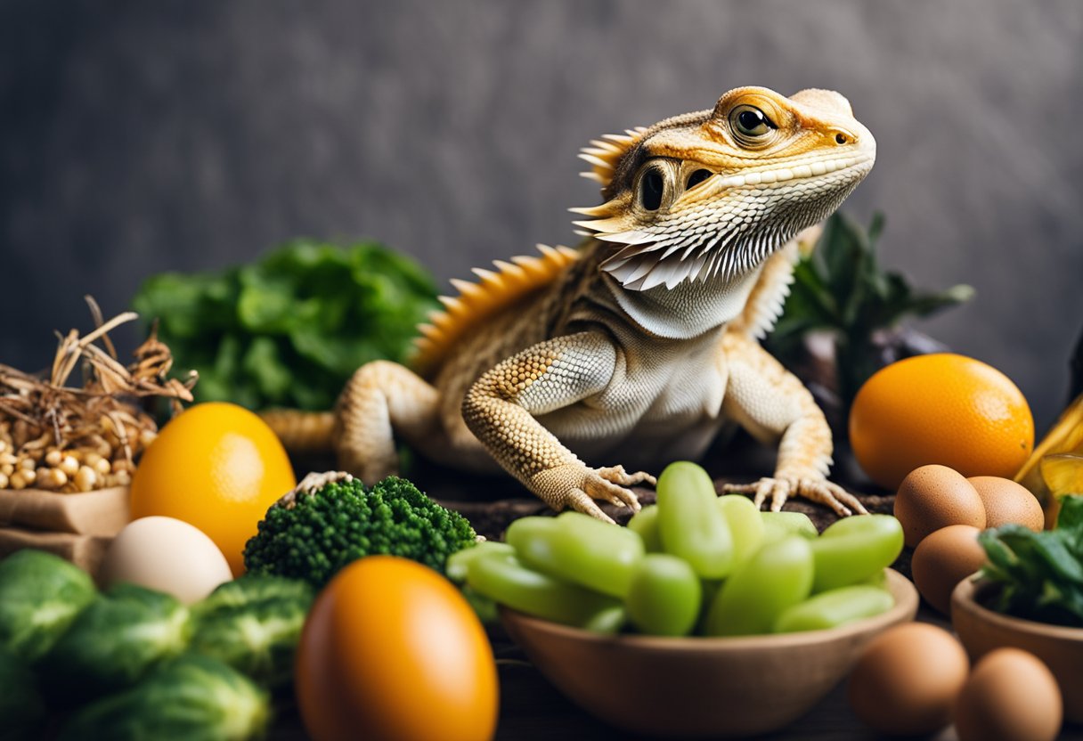 A bearded dragon surrounded by a variety of alternative foods, such as insects, fruits, and vegetables, with a clear "X" over a carton of eggs