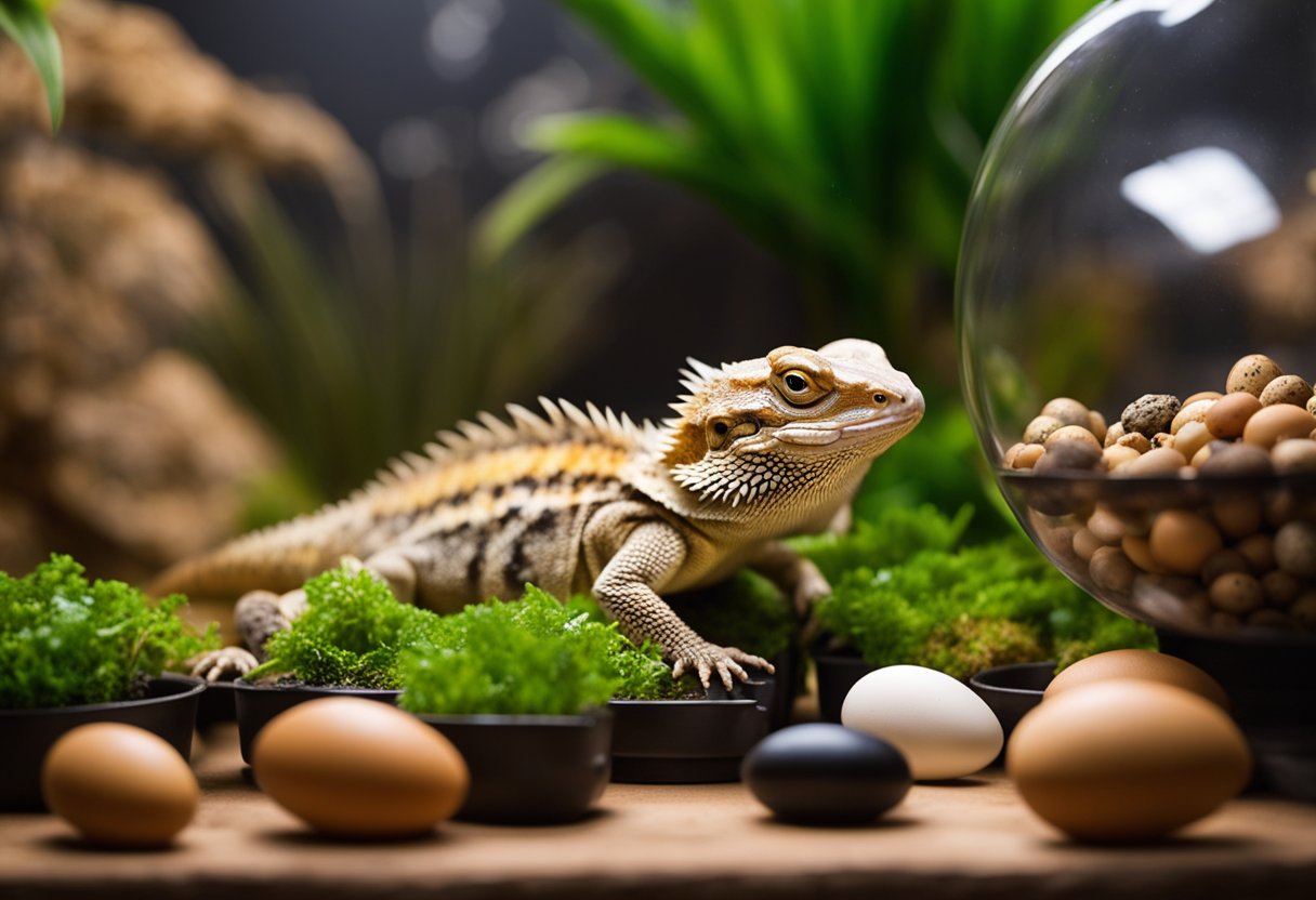 A bearded dragon sits in its terrarium, surrounded by various food options including eggs, while a thermometer and hygrometer monitor the temperature and humidity levels