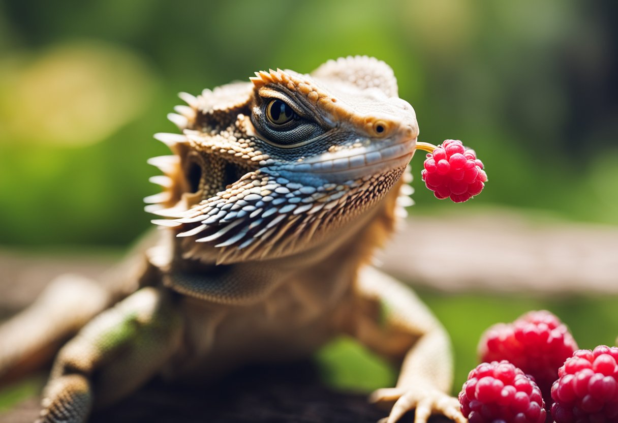 A bearded dragon eagerly eats a juicy raspberry, its tongue flicking out to catch the sweet fruit
