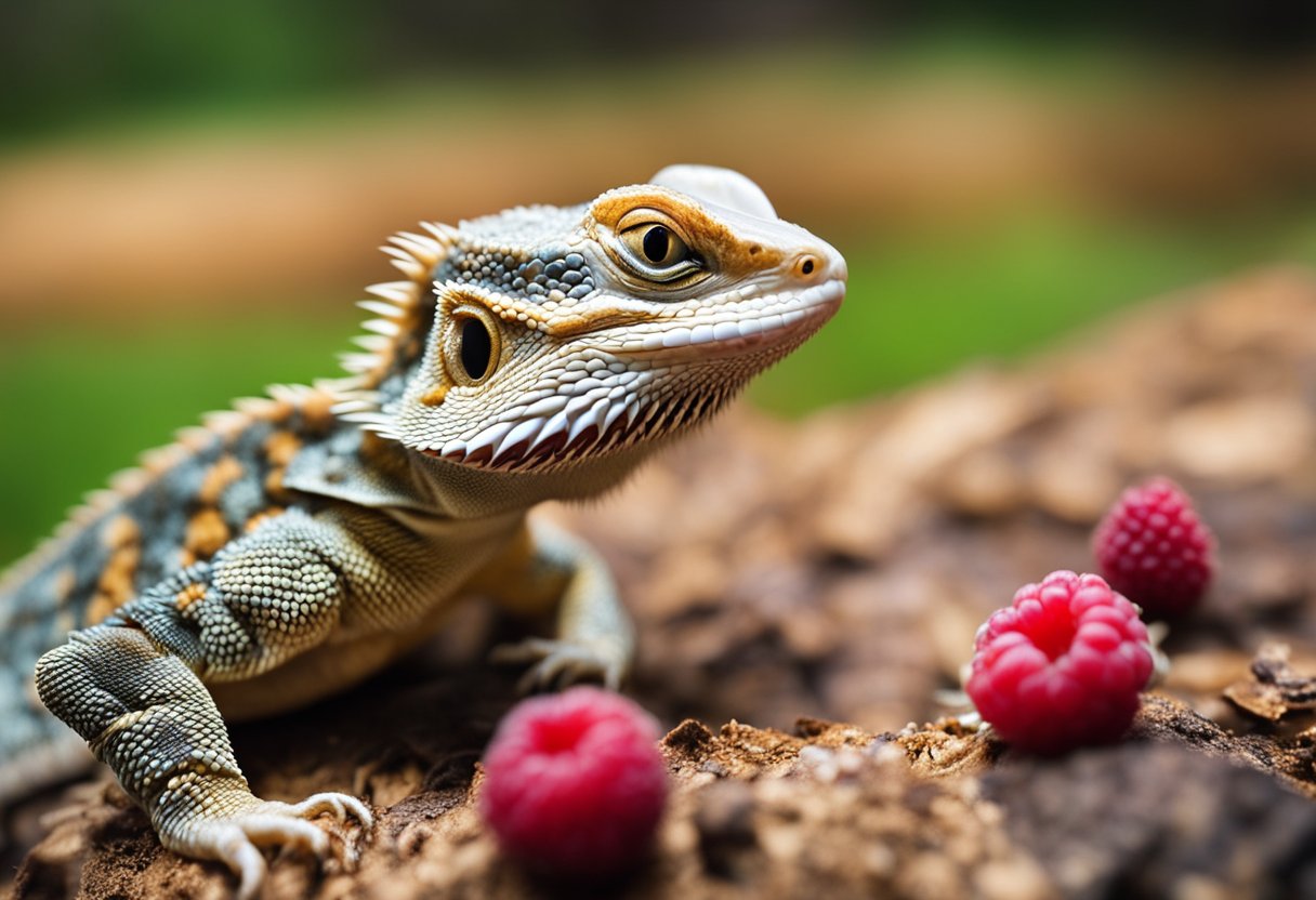 A bearded dragon eagerly eats raspberries, its tongue flicking out to capture the juicy fruit. The dragon's eyes sparkle with delight as it enjoys the health benefits of the delicious snack