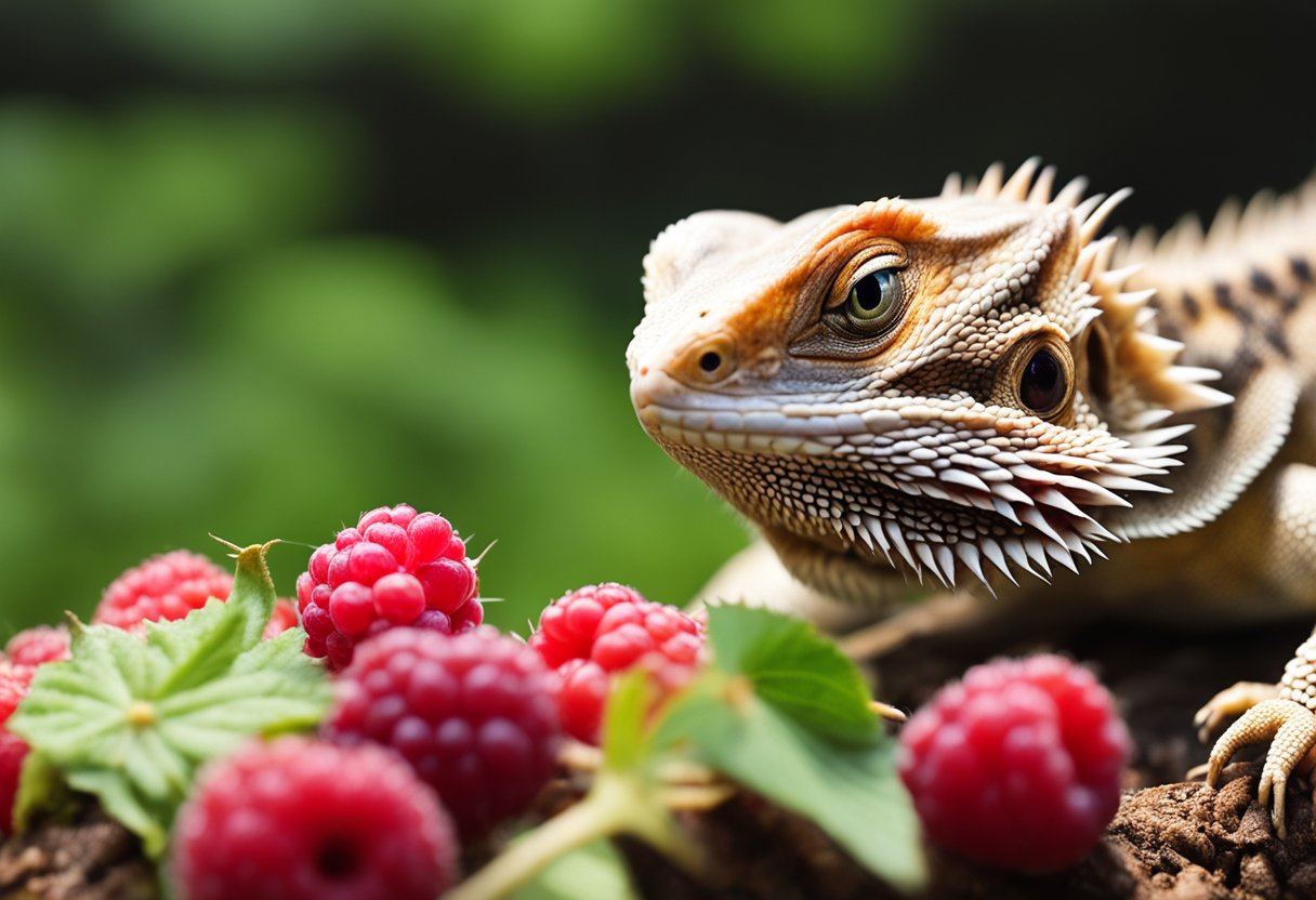 A bearded dragon cautiously approaches a pile of raspberries, sniffing and inspecting them with curiosity and uncertainty
