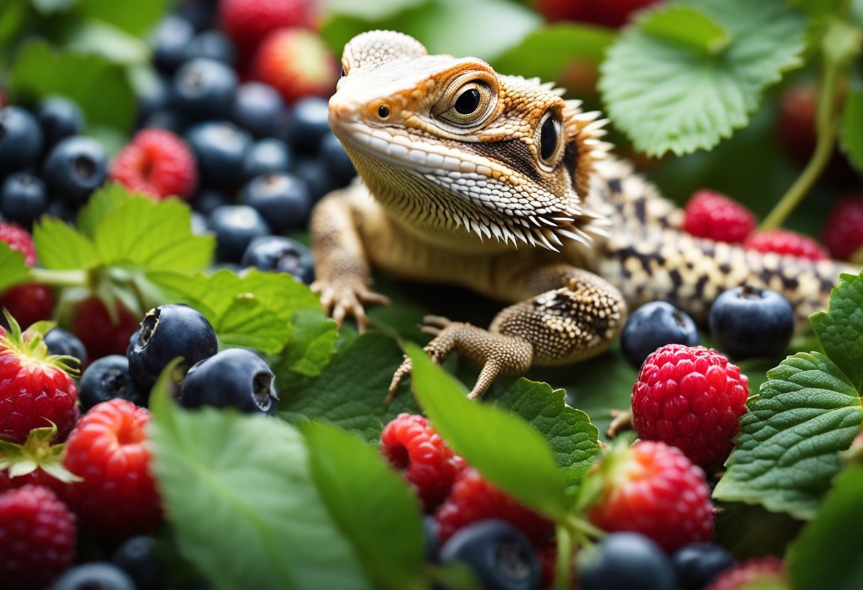 Bearded dragon surrounded by raspberries, strawberries, and blueberries. Tail curled, eyes focused on the colorful fruits