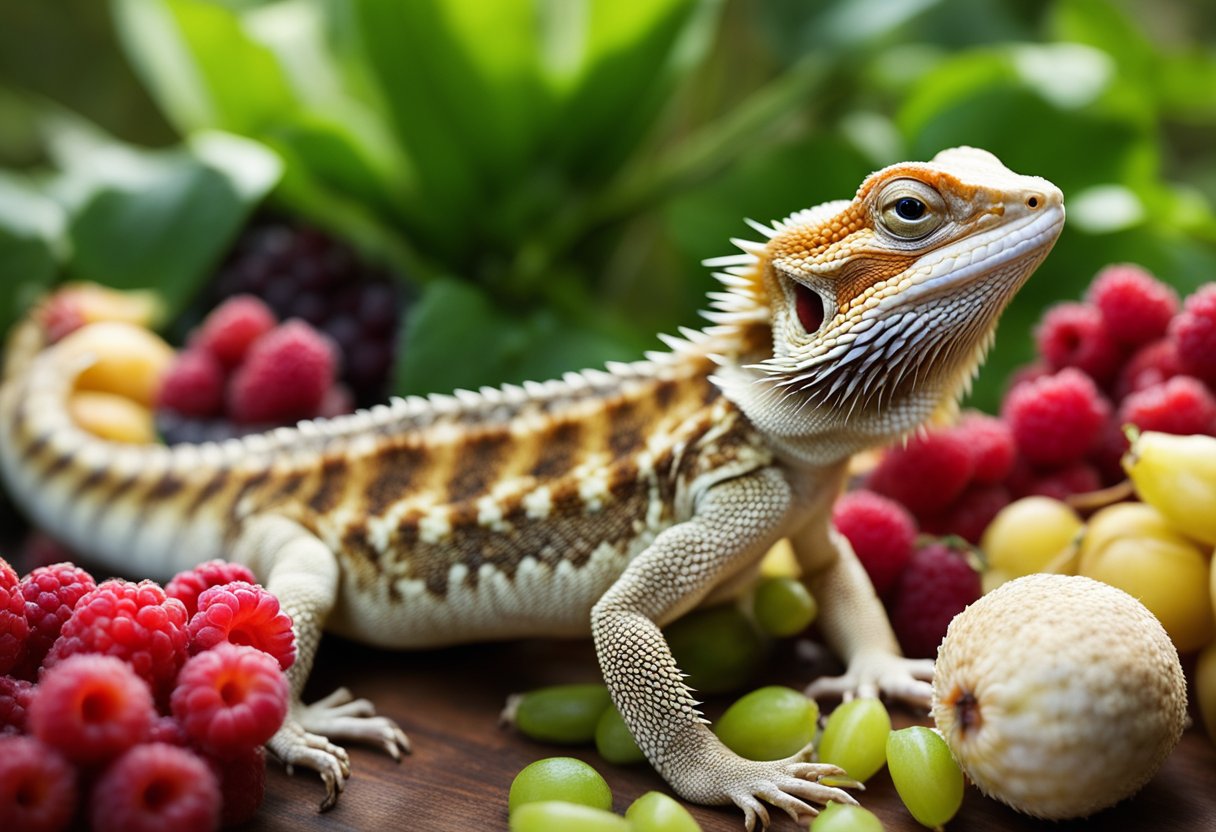 A bearded dragon surrounded by various fruits, including raspberries, with a list of nutritional requirements in the background